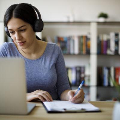 Female student attends class online